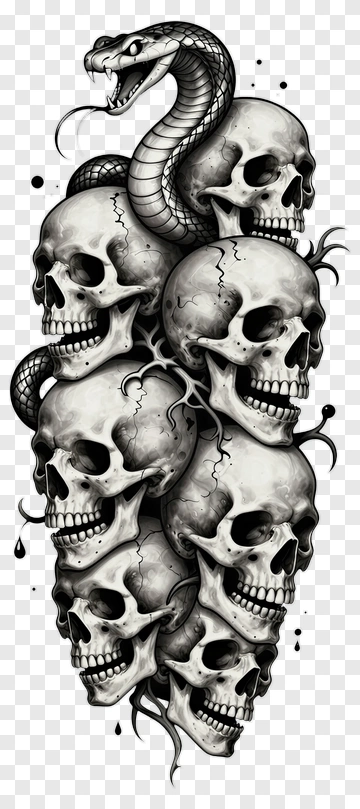 Snake Coiled Around A Stack Of Skulls PNG