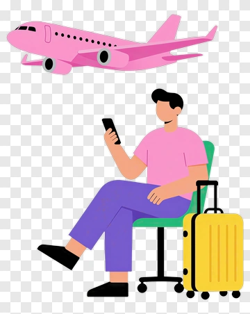 Man Sitting With Phone And Luggage Under A Pink Airplane PNG