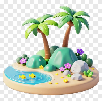3D Tropical Island With Palm Trees And Water PNG