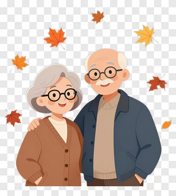 Cartoon Elderly Couple With Autumn Leaves PNG