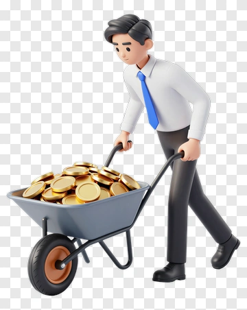 3D Businessman Pushing A Wheelbarrow Full Of Coins PNG