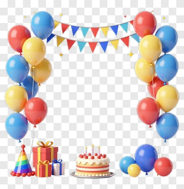 Colorful Birthday Party Decoration With Cake And Balloons PNG