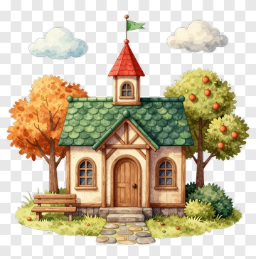 Cozy Cottage Surrounded By Trees And Clouds PNG
