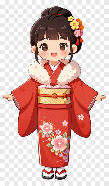 Cartoon Girl In Red Kimono With Floral Design PNG