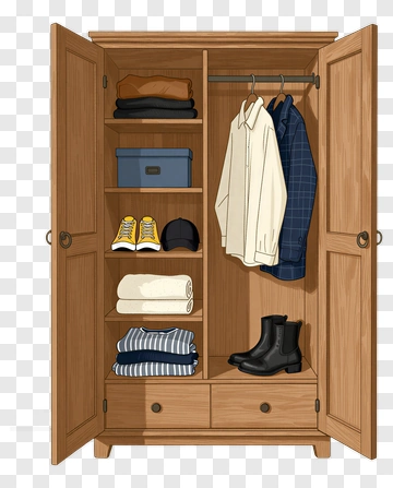 Wooden Wardrobe With Clothing And Accessories PNG
