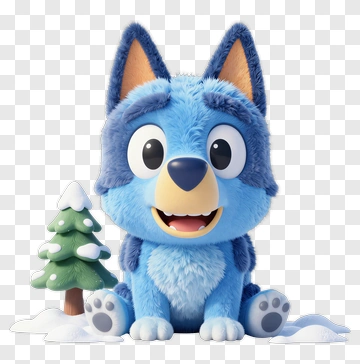 Cartoon Blue Dog Sitting Next To A Snowy Tree PNG