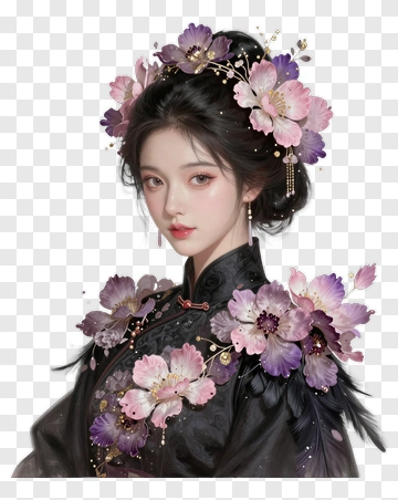 Woman In Black Dress With Floral Hair Accessories PNG