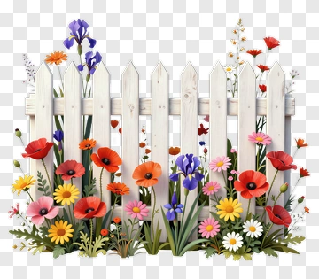 Colorful Flower Garden With White Fence PNG