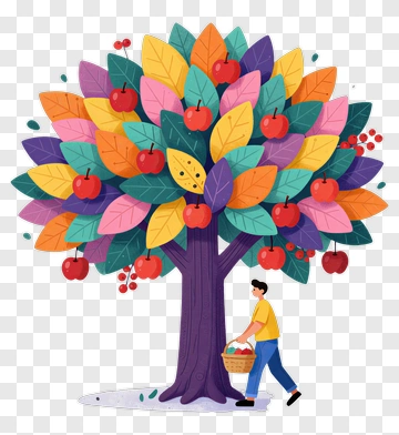Colorful Tree With Man Carrying A Basket PNG