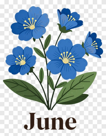 Blue Flowers With June Text PNG