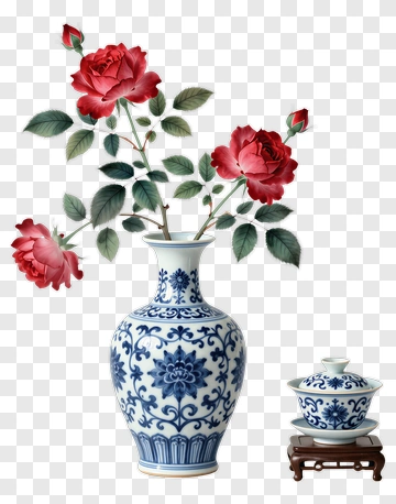 Blue And White Vase With Red Roses PNG