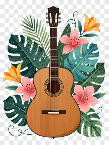 Guitar Surrounded By Tropical Flowers And Leaves PNG