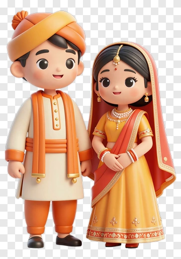 Cartoon Couple In Traditional Indian Attire PNG