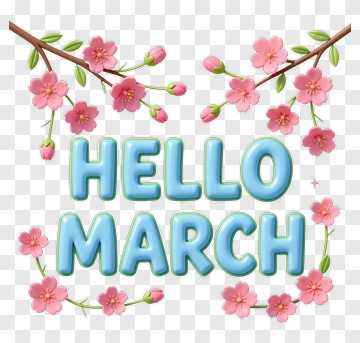 Hello March With Cherry Blossom Flowers PNG