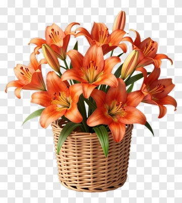 Orange Lily Bouquet In A Wicker Basket PNG