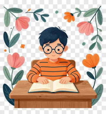 Boy Reading A Book Surrounded By Flowers PNG