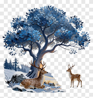 Deer Under A Blue Tree In A Winter Landscape PNG