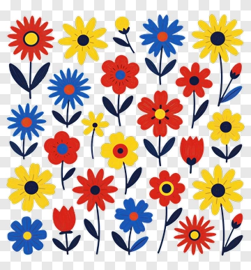 Colorful Floral Pattern With Red, Yellow, And Blue Flowers PNG