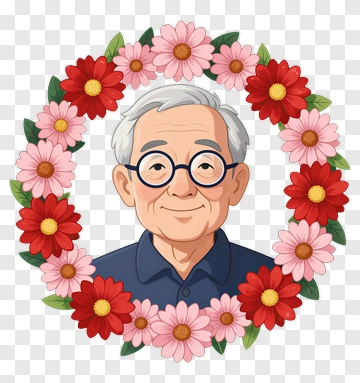 Cartoon Elderly Man Surrounded By Flowers PNG