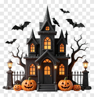 Halloween Haunted House With Pumpkins And Bats PNG