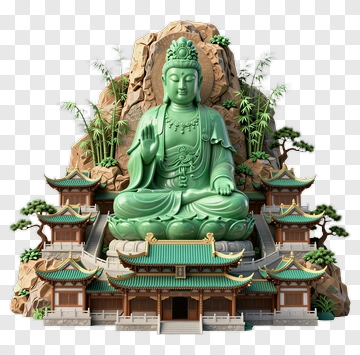 Green Buddha Statue Surrounded By Traditional Architecture PNG