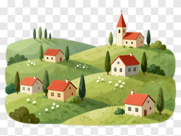 Colorful Village Landscape With Houses And Trees PNG