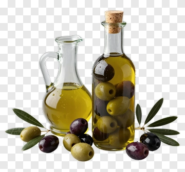 Olive Oil Bottles With Green And Black Olives PNG