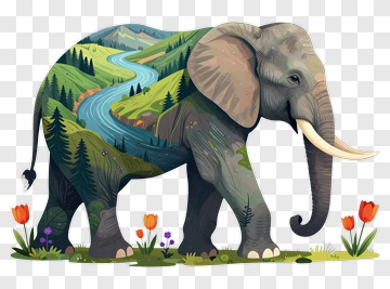 Elephant With Scenic Landscape Illustration PNG