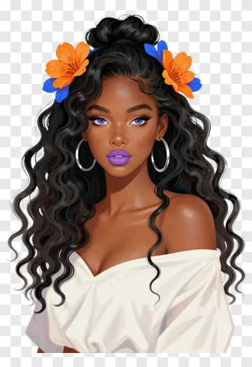 Beautiful Woman With Curly Hair And Floral Accessories PNG