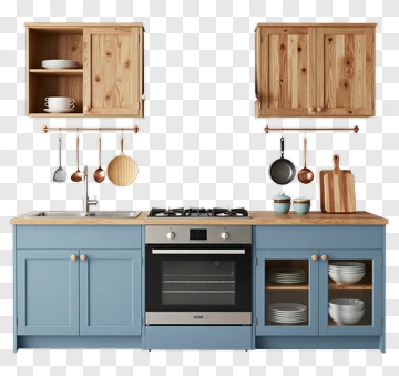 Modern Kitchen With Blue Cabinets And Wooden Shelves PNG