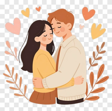 Happy Couple Embracing With Hearts And Leaves PNG