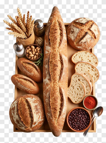 Artisan Bread And Ingredients On A Wooden Tray PNG