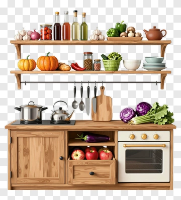 Kitchen Counter With Vegetables And Cooking Supplies PNG