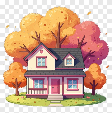 Cartoon House Surrounded By Colorful Trees PNG
