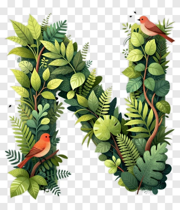 Nature-Inspired Letter N With Birds And Foliage PNG