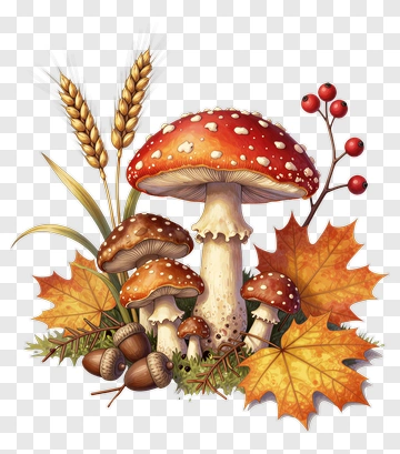 Mushroom Composition With Autumn Leaves And Wheat PNG