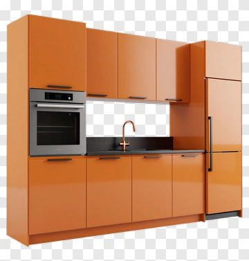 Modern Orange Kitchen With Black Countertop PNG
