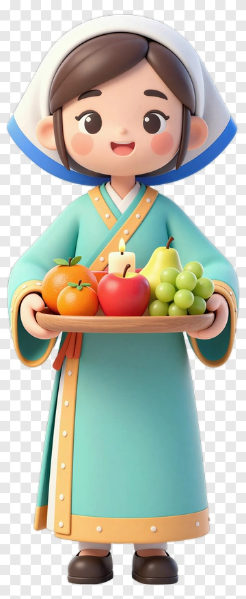 Cartoon Girl Holding A Tray Of Fruits PNG