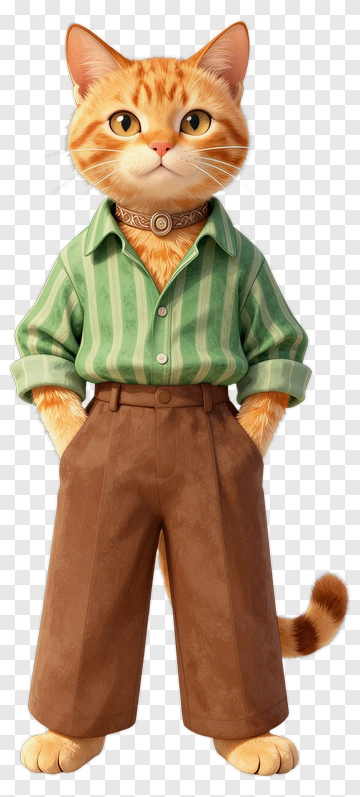 3D Cat Wearing A Green Striped Shirt And Brown Pants PNG