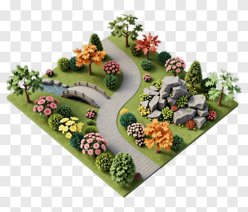 Colorful Garden Landscape With Pathway And Bridge PNG