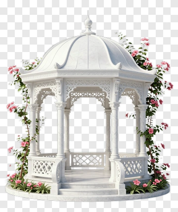White Gazebo Surrounded By Flowers PNG