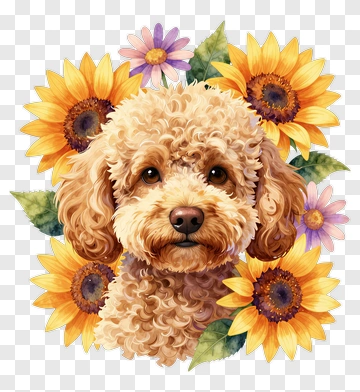 Poodle Surrounded By Sunflowers And Flowers PNG