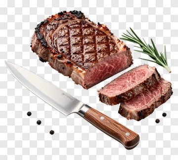Cooked Steak With Knife And Herbs PNG