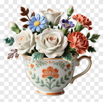 Porcelain Flower Bouquet In A Decorative Cup PNG