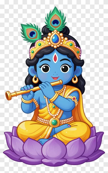 Cartoon Krishna Playing Flute On A Lotus PNG