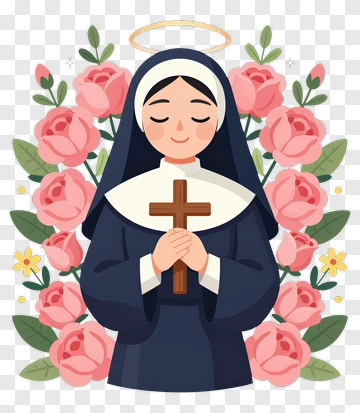 Cartoon Nun Holding A Cross Surrounded By Flowers PNG