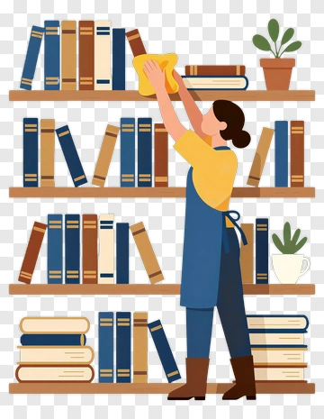Woman Cleaning Bookshelf PNG