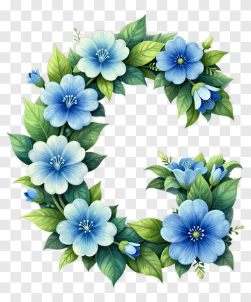 Blue Floral Wreath With Green Leaves PNG