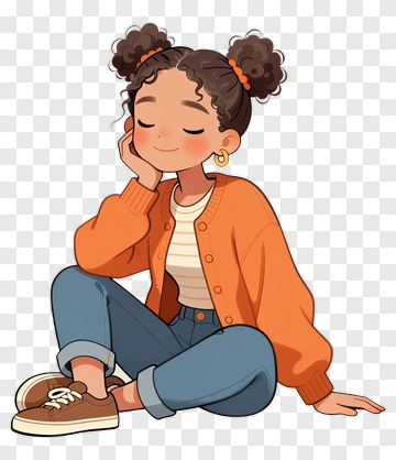 Cartoon Girl Sitting Thoughtfully PNG