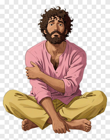 Sitting Man With Curly Hair And Beard PNG